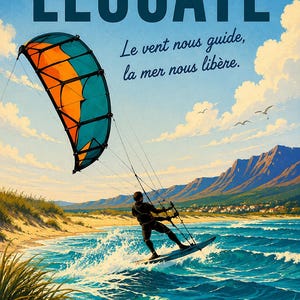 Könnte beinhalten: Ein Poster für Leucate, das einen Kitesurfer auf dem Meer zeigt. Der Kite ist orange und blaugrün, mit dem Text "Leucate" oben und "SURFART66" unten. Der französische Text lautet "Le vent nous guide, la mer nous libère."