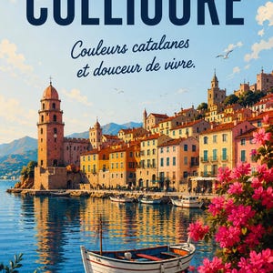 Könnte beinhalten: Eine Illustration von Collioure, Frankreich, mit bunten Gebäuden an der Küste, einem Boot auf dem Wasser und rosa Blumen. Der Text "Collioure" und "Couleurs catalanes et douceur de vivre" ist enthalten.