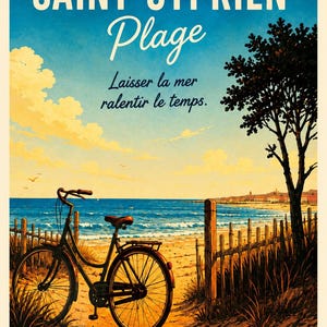Könnte beinhalten: Vintage Reiseplakat für Saint-Cyprien Plage, mit einem Fahrrad an einem Sandstrand mit dem Meer im Hintergrund. Das Plakat hat einen blau-gelben Himmel, einen Holzzaun und den Text "SAINT-CYPRIEN Plage".