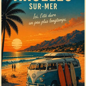 Könnte beinhalten: Vintage Reiseplakat für Argeles Sur Mer, mit einem blau-weißen Van mit Surfbrettern an einem Strand bei Sonnenuntergang. Das Plakat enthält den Text "ARGELÈS SUR-MER" und "Ici, l'été dure un peu plus longtemps."