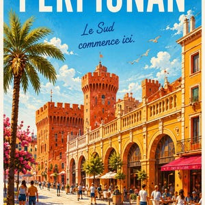 Könnte beinhalten: Vintage Reiseplakat für Perpignan, Frankreich, mit einer sonnigen Straßenszene mit einem großen Gebäude, einer Palme und dem Text "PERPIGNAN". Der Text "Le Sud commence ici" ist ebenfalls sichtbar. Das Plakat hat einen blauen Himmel im Hintergrund.