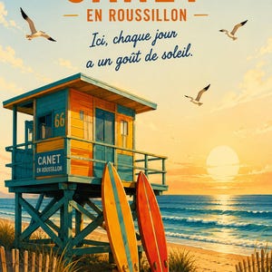 Könnte beinhalten: Ein Poster im Vintage-Stil mit einer Rettungswache an einem Strand bei Sonnenuntergang. Das Poster trägt das Wort "CANET" in großen orangefarbenen Buchstaben mit Text auf Französisch. Zwei Surfbretter lehnen an der Station. Möwen fliegen am Himmel.