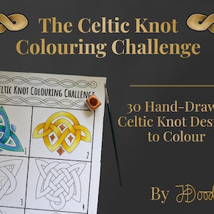 May include: A colouring book page titled 30 Day Celtic Knot Colouring Challenge featuring four distinct knot designs, two of which are partially coloured in blue, green, and yellow. A thin paintbrush rests beside the paper on a dark background.