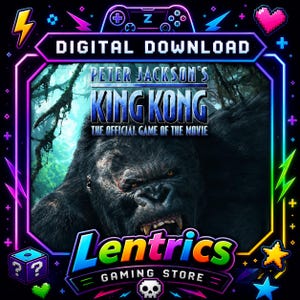 May include: Digital download advertisement for Peter Jackson's King Kong: The Official Game of the Movie. The image features a close-up of King Kong's face within a neon-framed border. The Lentrics Gaming Store logo is at the bottom.