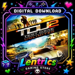Puede incluir: Gráfico de descarga digital para el videojuego "TDU 2 Test Drive Unlimited". La imagen muestra coches corriendo en una carretera costera, con el título del juego. El marco incluye el texto "Digital Download" y "Lentrics Gaming Store".