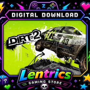 Può includere: Annuncio di download digitale per il videogioco Dirt 2. L'immagine presenta un'auto da rally a metà salto su uno sfondo verde neon. Il logo del gioco è in mostra, insieme al testo "DOWNLOAD DIGITALE" e "Lentrics GAMING STORE".