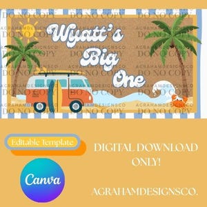 Op de afbeelding: Een digitale download sjabloon met een strandthema. Het ontwerp toont een vintage oranje en witte bus met een surfboard, palmbomen en de tekst "Wyatt's Big One". De achtergrond is zandkleurig met blauw-witte strepen.