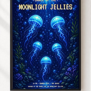 Könnte beinhalten: Ein gerahmtes Pixel-Art-Poster mit fünf leuchtend blauen Quallen in einer dunklen Unterwasserszene. Der Text lautet DANCE OF THE MOONLIGHT JELLIES oben und 10 PM SUMMER 28TH THE BEACH GATHER AT THE SHORE FOR THE MOONLIGHT JELLIES im unteren Bereich.