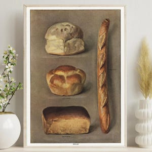 Peut inclure: Une impression encadrée de style vintage présentant des illustrations de quatre types de pain sur un fond neutre. L'œuvre affiche une miche ronde, une miche tressée, une miche rectangulaire et une longue baguette, chacune étiquetée avec du texte.