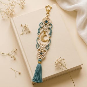 Patrón PDF de marcapáginas de macramé celestial / Tutorial de marcapáginas boho de luna y estrella / Regalo elegante con borla para amantes de los libros / Descarga digital