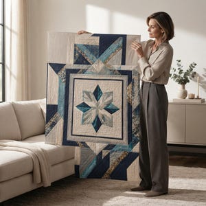May include: A rectangular quilt featuring a central eight-pointed star motif in shades of navy blue, teal, and cream. The design incorporates geometric borders and intricate linear quilting patterns throughout the fabric, showcasing a blend of solid and textured panels.