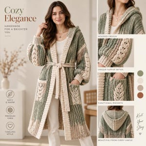 May include: A long-sleeved, hooded cardigan in sage green and cream, featuring a ribbed knit texture, a tie-waist belt, and two front pockets. Each pocket and sleeve is adorned with a cream-coloured leaf-patterned cable knit detail.