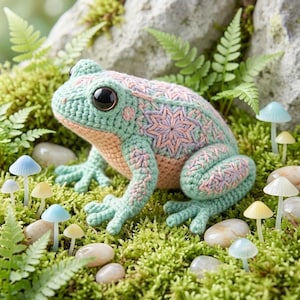 Könnte beinhalten: Eine gehäkelte Froschfigur mit einem hellen mintgrünen Körper, einem pfirsichfarbenen Bauch und komplizierten lavendelfarbenen sternförmigen Stickmustern auf Rücken und Beinen, ergänzt durch große, dunkle, glänzende Augen und detaillierte Schwimmfüße.