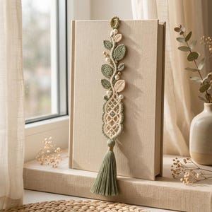 Lesezeichen-Vorlage (PDF) | Elegantes Boho-Lesezeichen mit Blättern und Perlen | Geschenkidee mit Quaste | Digitaler Download