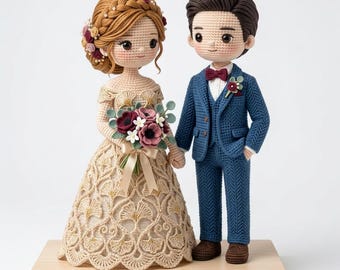 Op de afbeelding: Twee amigurumi-poppen die een koppel voorstellen. De figuur links draagt een beige gehaakte jurk met een ginkgo-bladpatroon en houdt een boeket van donkerrode en witte bloemen vast. De figuur rechts draagt een blauw pak met een rode vlinderdas.