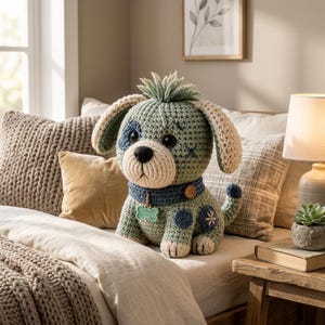 May include: A crocheted stuffed dog toy in sage green with a cream-coloured muzzle, dark blue patches, and a tuft of green yarn on its head. It wears a dark blue collar with a wooden button and a light green bone-shaped tag hanging from the front.