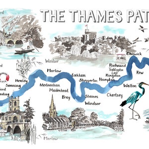 Peut inclure: Illustration à l'aquarelle du sentier de la Tamise, avec une rivière bleue serpentant à travers divers monuments. La carte comprend des illustrations de ponts, d'églises et de la faune, avec le texte "THE THAMES PATH" en haut.