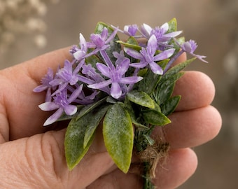 Dollhouse Miniature Flowers, Tiny Purple Floral Bundle, Mini Bouquet