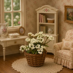 May include: A miniature brown woven wicker basket filled with small white flowers and green leaves. The basket sits on a round beige crocheted rug in a dollhouse room featuring a white wooden table, a white bookshelf, and a floral armchair.
