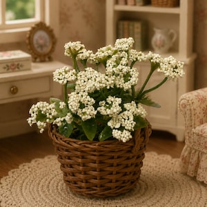May include: A miniature potted plant featuring clusters of small, white, bead-like flowers with green stems and leaves, housed in a round, brown, woven wicker basket. The plant is displayed in a dollhouse setting with visible green foliage.