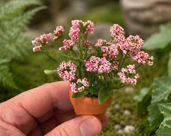 Miniature Potted Plant with Pink Flowers for Dollhouse or Fairy Garden Decor