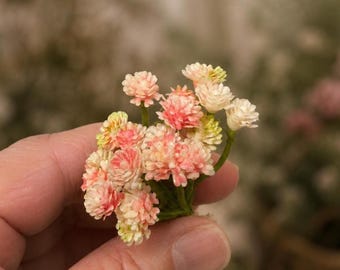 Dollhouse Miniature Flowers, Tiny Pink and White Baby's Breath Floral Bundle, Mini Bouquet