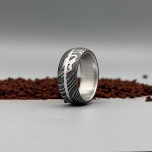 Damascus Steel Wedding Ring Mens Band Silver Pinstripe Inlay Minimalist Gift For Him