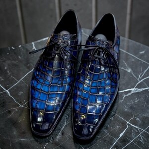 Men's Handmade Blue Crocodile Embossed Leather Dress Shoes, Luxury Oxford Lace Up Shoes, Exotic