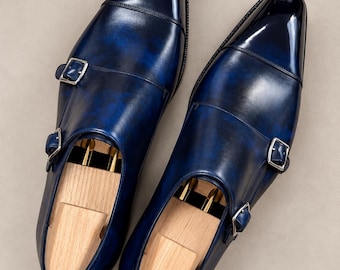 Handgefertigte marineblaue Leder-Monk-Strap-Schuhe, formelle Oxfords mit Doppelschnalle