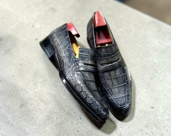 Tanny Leather Custom Made Grey Croco Shaded Leather Slip On Moccasin Shoes