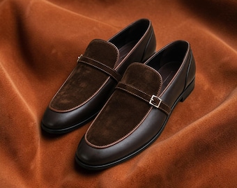 Mocassini in pelle marrone fatti a mano, scarpe eleganti con cinturino e fibbia, mocassini in vera pelle