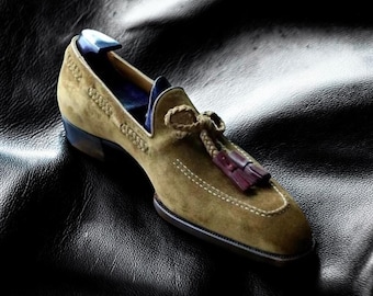 Handmade Tan Leather Tassel Loafers, Vintage Slip-On Dress Shoes, Genuine Leather Moccasins