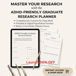 May include: An advertisement for an ADHD-friendly graduate research planner. The image shows a tablet displaying the planner, along with printed pages, pencils, and a binder clip. Text includes "Master Your Research" and "Launch 50% OFF."