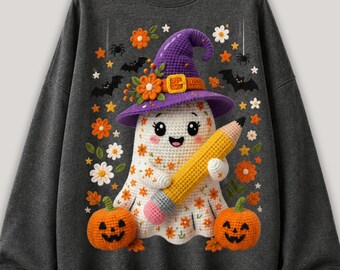 Cute Halloween Ghost PNG, Witch Teacher Pencil Design, Spooky School Pumpkin Sublimation, Fall Teacher Digital Download