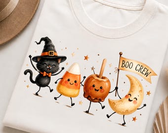 Cute Halloween Boo Crew PNG: Black Cat, Candy Corn and Caramel Apple Sublimation Design