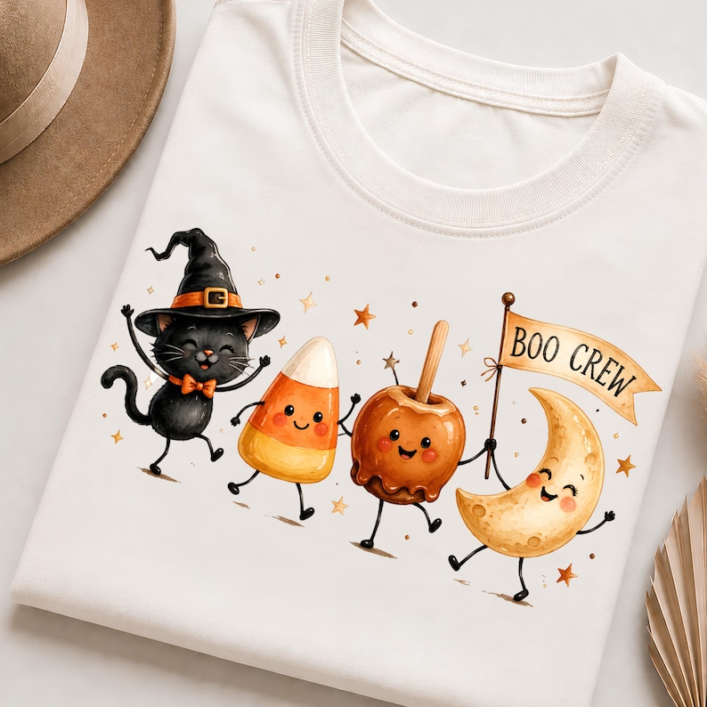 May include: A white t-shirt featuring a graphic of a black cat wearing a witch hat, a piece of candy corn, a caramel apple, and a crescent moon, all with smiling faces. A small flag held by the moon displays the text BOO CREW in black letters.