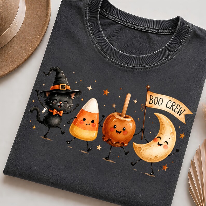 May include: A dark gray t-shirt featuring a graphic of a black cat wearing a witch hat, a piece of candy corn, a caramel apple, and a crescent moon, all with smiling faces. The moon holds a banner with the text BOO CREW, surrounded by stars.