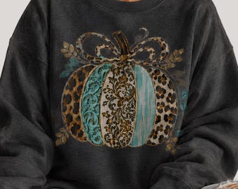 Leopard Pumpkin PNG, Teal Fall Pumpkin Sublimation, Autumn Shirt Design, Boho Pumpkin Bow DTF, Digital Download