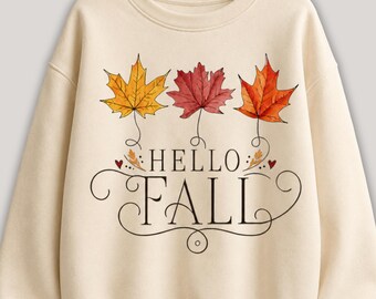 Hello Fall PNG, Autumn Leaves PNG, Fall Shirt Design, Cozy Autumn Sublimation, Printable DTF Digital Download