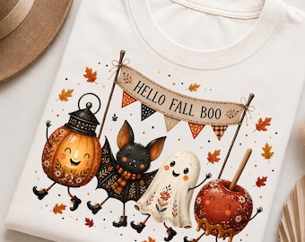 Hello Fall Boo PNG, Cute Halloween Ghost Bat Pumpkin Lantern and Caramel Apple, Retro Fall Sublimation Design