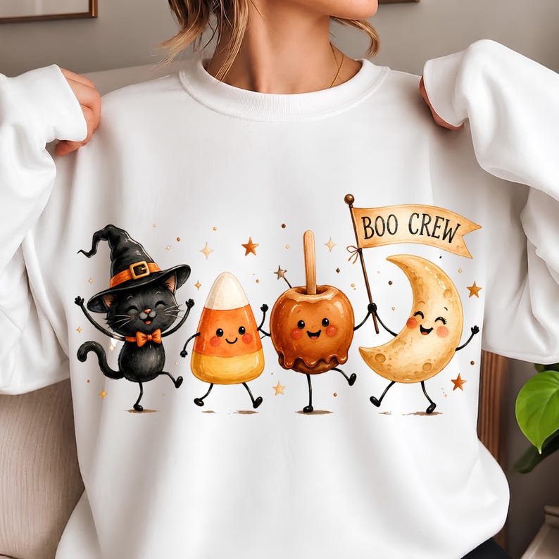 May include: A white sweatshirt featuring a graphic of a black cat in a witch hat, a piece of candy corn, a caramel apple, and a crescent moon holding a flag that reads BOO CREW. The characters have smiling faces and are surrounded by small stars.