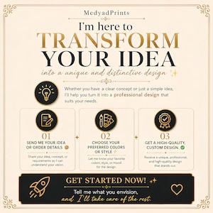 May include: A beige informational graphic with black and gold text titled MedyadPrints I'm here to TRANSFORM YOUR IDEA into a unique and distinctive design. It outlines a three-step process with icons for sending ideas, choosing colours, and receiving a design.
