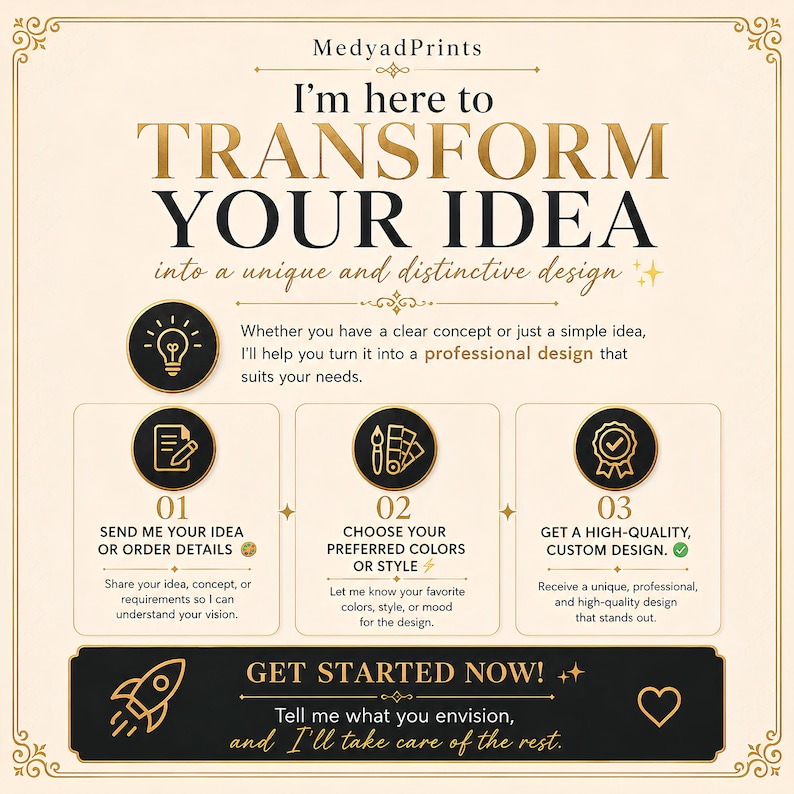 May include: A beige informational graphic with black and gold text titled MedyadPrints I'm here to TRANSFORM YOUR IDEA into a unique and distinctive design. It outlines a three-step process with icons for sending ideas, choosing colours, and receiving a design.