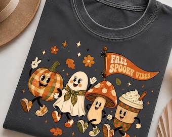 Retro Fall Spooky Vibes PNG, Cute Halloween Doodle, Pumpkin Ghost Mushroom Latte Sublimation Design