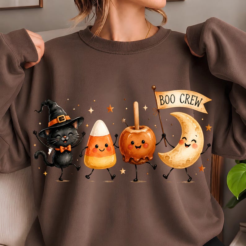 May include: A brown crewneck sweatshirt featuring a graphic print of a black cat wearing a witch hat, a piece of candy corn, a caramel apple, and a crescent moon holding a flag that reads BOO CREW, all surrounded by small orange stars.