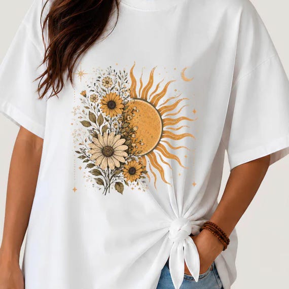 Boho Sunflower Sun and Moon PNG, Floral Celestial T Shirt Design, Sublimation DTF Digital Download
