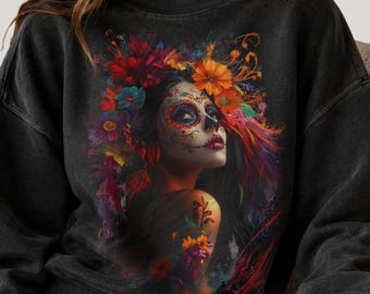 Sugar Skull Woman PNG, Halloween Girl PNG, Floral Skull Design, Spooky Season Sublimation, DTF Digital Download