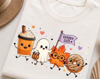 Spooky Cute Halloween PNG, Pumpkin Spice Ghost Maple Leaf Donut, Kawaii Fall Sublimation DTF Design