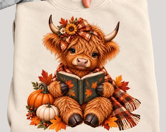 Fall Highland Cow PNG, Cute Cow Reading Book Design, Autumn Pumpkin PNG, Cozy Fall Sublimation, DTF Digital Download