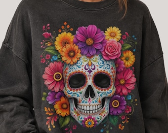 Halloween Floral Skull PNG, Colorful Sugar Skull Design, Spooky Season Shirt PNG, Skull Sublimation, Digital Download